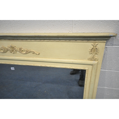 1329 - A CREAM PAINTED FRENCH OVERLMANTLE MIRROR, 148cm x 96cm (condition report: worn finish in places)