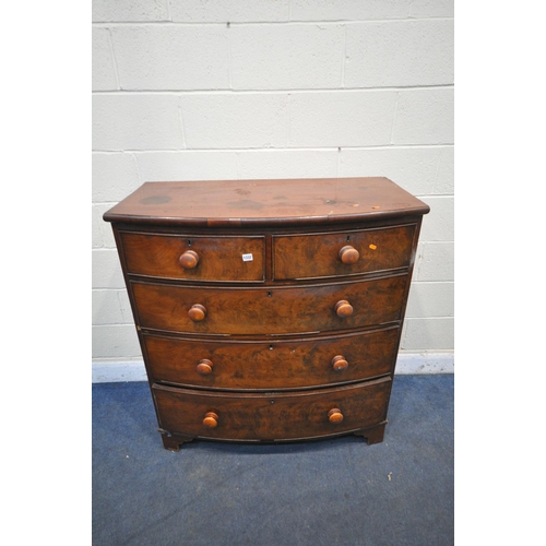 1332 - A GEORGIAN FLAME MAHOGANY BOWFRONT CHEST OF TWO SHORT OVER THREE LONG DRAWERS, with turned handles, ... 