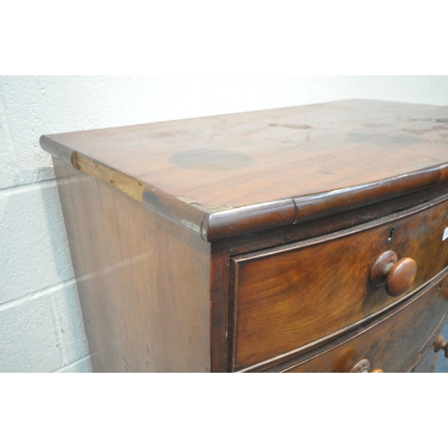 1332 - A GEORGIAN FLAME MAHOGANY BOWFRONT CHEST OF TWO SHORT OVER THREE LONG DRAWERS, with turned handles, ... 