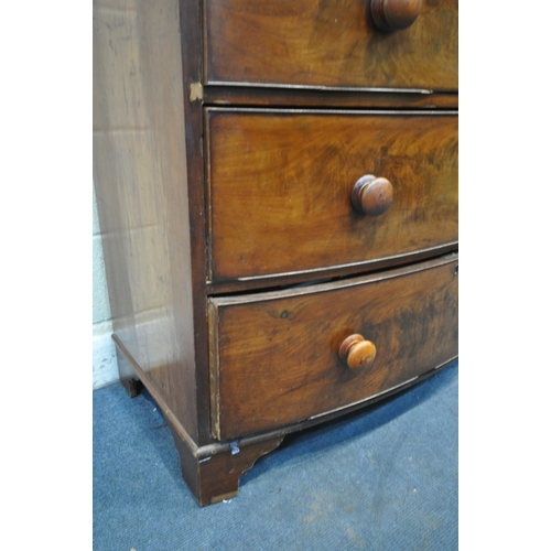 1332 - A GEORGIAN FLAME MAHOGANY BOWFRONT CHEST OF TWO SHORT OVER THREE LONG DRAWERS, with turned handles, ... 