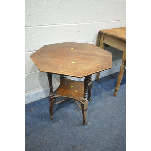 1340 - A VICTORIAN STYLE PINE PEMBROKE TABLE, with a single drawer, along with an Edwardian oak octagonal o... 