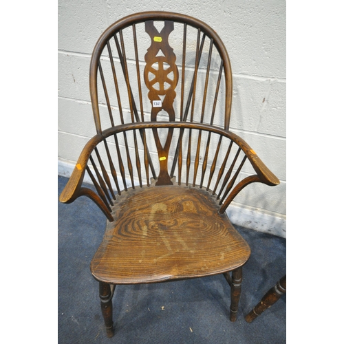 1341 - A PAIR EARLY 20TH CENTURY ELM AND BEECH WINDSOR ARMCHAIRS, the spindled hoop back with a wheel back ... 