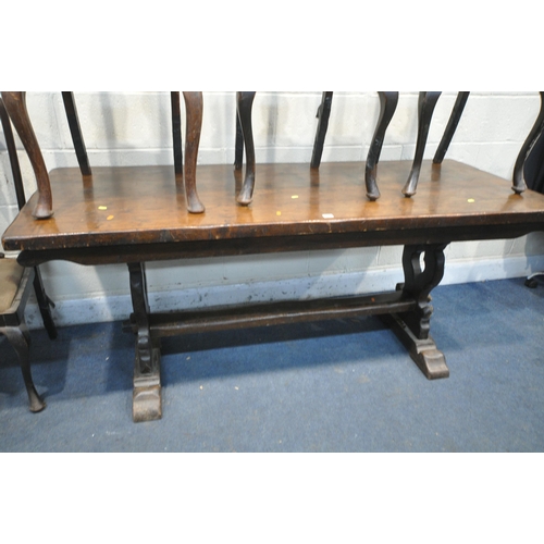 1342 - AN EARLY 20TH CENTURY OAK TRESTLE DINING TABLE, length 183cm x depth 75cm x height 80cm, along with ... 