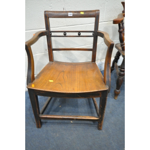 1343 - AN STAINED ELM AND BEECH BOW TOP SMOKERS ARMCHAIRS, along with a Georgian elm open armchair (conditi... 