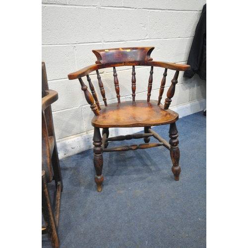 1343 - AN STAINED ELM AND BEECH BOW TOP SMOKERS ARMCHAIRS, along with a Georgian elm open armchair (conditi... 