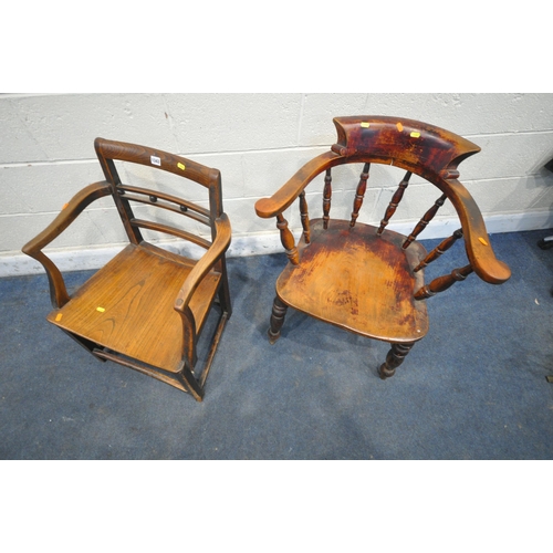 1343 - AN STAINED ELM AND BEECH BOW TOP SMOKERS ARMCHAIRS, along with a Georgian elm open armchair (conditi... 