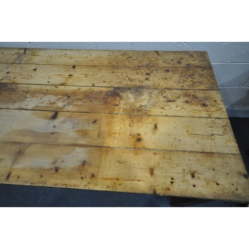 1350 - A 19TH CENTURY PINE REFECTORY TABLE, with a plank top, on square legs, length 191cm x depth 81cm x h... 