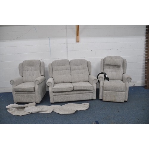 1356 - A REPOSE THREE PIECE LOUNGE SUITE in light grey herringbone fabric, comprising of an electric rise a... 