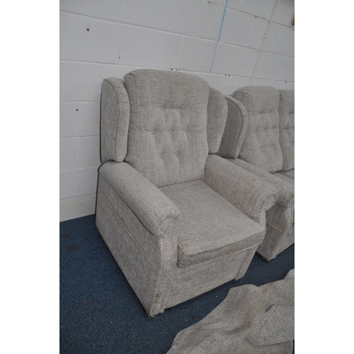 1356 - A REPOSE THREE PIECE LOUNGE SUITE in light grey herringbone fabric, comprising of an electric rise a... 