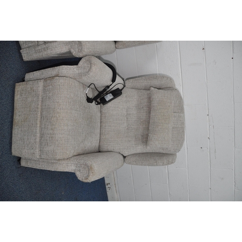 1356 - A REPOSE THREE PIECE LOUNGE SUITE in light grey herringbone fabric, comprising of an electric rise a... 