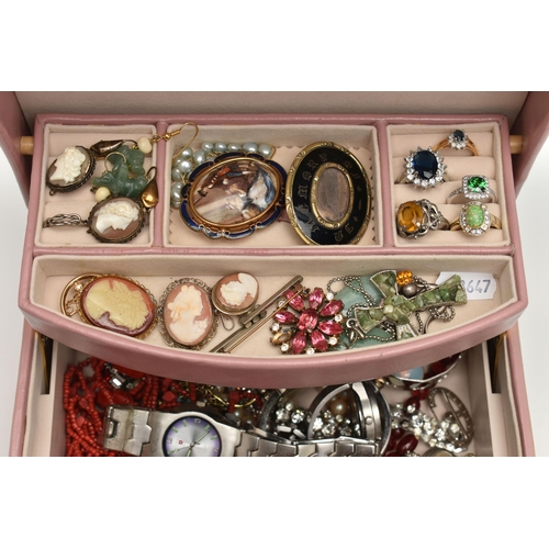 1 - A JEWELLERY BOX WITH CONTENTS, pale pink multi storage jewellery box, with contents to include costu... 