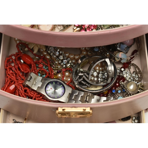 1 - A JEWELLERY BOX WITH CONTENTS, pale pink multi storage jewellery box, with contents to include costu... 