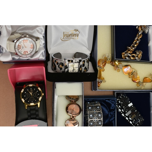 16 - A BOX OF ASSORTED COSTUME AND JEWELLERY AND WATCHES, four fashion watches, names to include Sirada, ... 