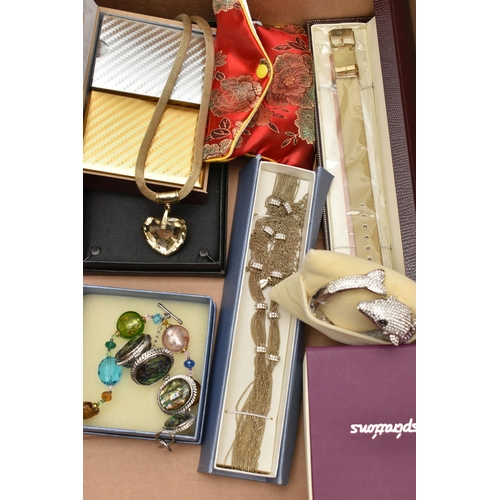 16 - A BOX OF ASSORTED COSTUME AND JEWELLERY AND WATCHES, four fashion watches, names to include Sirada, ... 