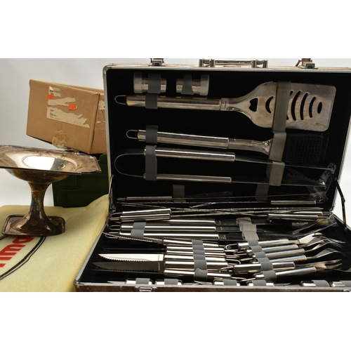 19 - A BOX OF ASSORTED ITEMS, to include a cased 'Prima' barbeque kit, a selection of white metal table w... 