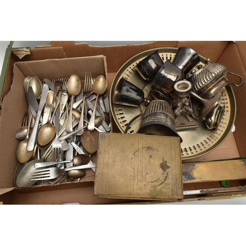 19 - A BOX OF ASSORTED ITEMS, to include a cased 'Prima' barbeque kit, a selection of white metal table w... 