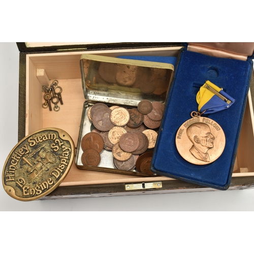 2 - A SMALL WOODEN CHEST WITH CONTENTS, to include a cased Elizabeth II Bailiwick of Guernsey 2006, Five... 