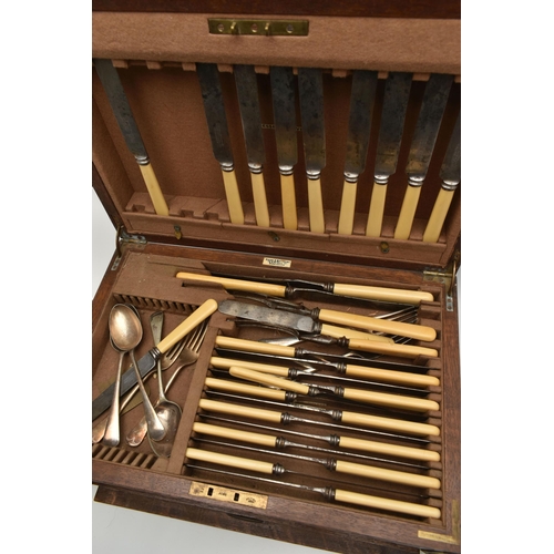 20 - A LARGE WOODEN CANTEEN, box signed 'Evans & Matthews', incomplete ivorine handled cutlery set encase... 