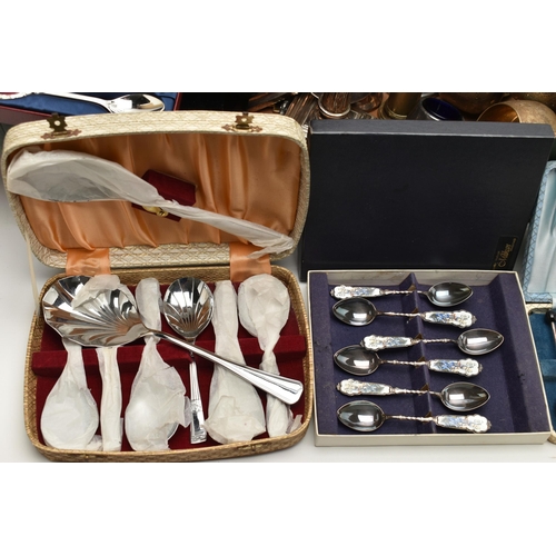 21 - A BOX OF ASSORTED WHITE METAL WARE, to include four trays, cased sets of spoons, a pair of candle st... 