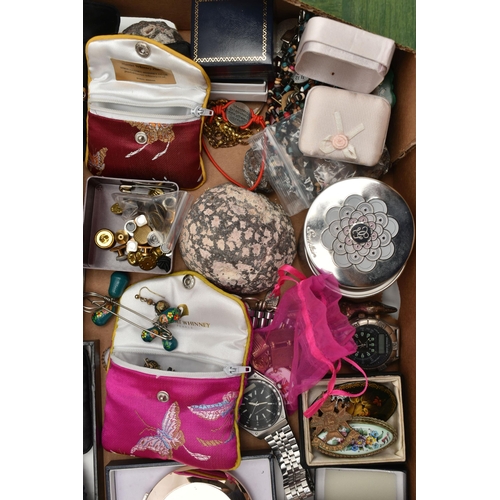 22 - A BOX OF ASSORTED COSTUME JEWELLERY AND ITEMS, to include small geodes, trinket boxes, costume earri... 