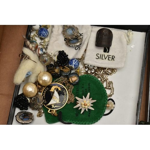 22 - A BOX OF ASSORTED COSTUME JEWELLERY AND ITEMS, to include small geodes, trinket boxes, costume earri... 