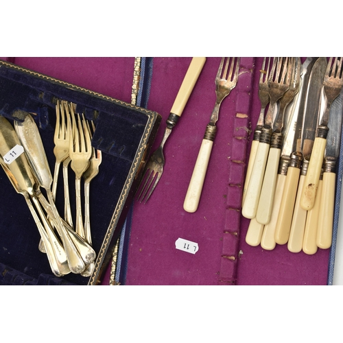 24 - A BOX OF ASSORTED CUTLERY PIECES, to include a box and two cased sets of fish eaters, together with ... 