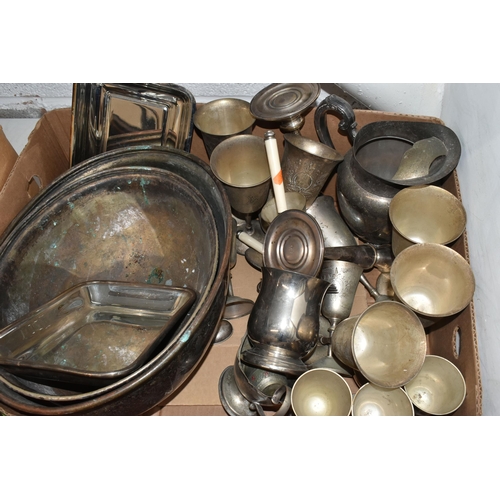 25 - A BOX OF ASSORTED WHITE METAL WARE, to include two large entree covers, trays, goblets, tankards, wa... 