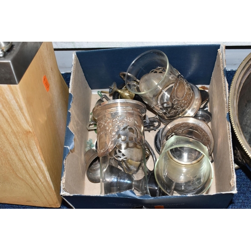 25 - A BOX OF ASSORTED WHITE METAL WARE, to include two large entree covers, trays, goblets, tankards, wa... 