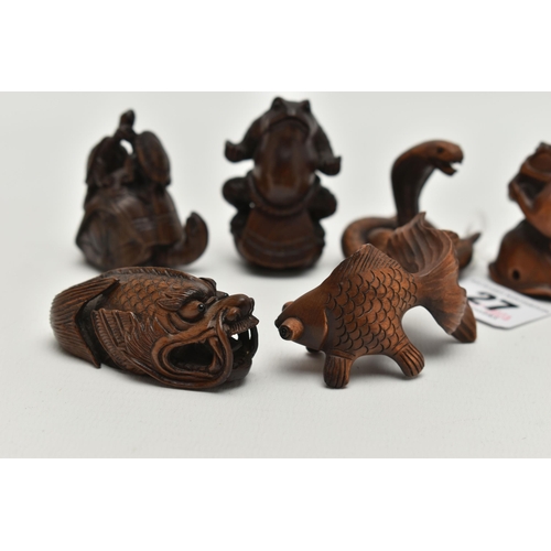 27 - FIVE 20TH CENTURY REPRODUCTION CARVED TREEN NETSUKE AND A SIMILAR COBRA OKIMONO, the netsuke compris... 