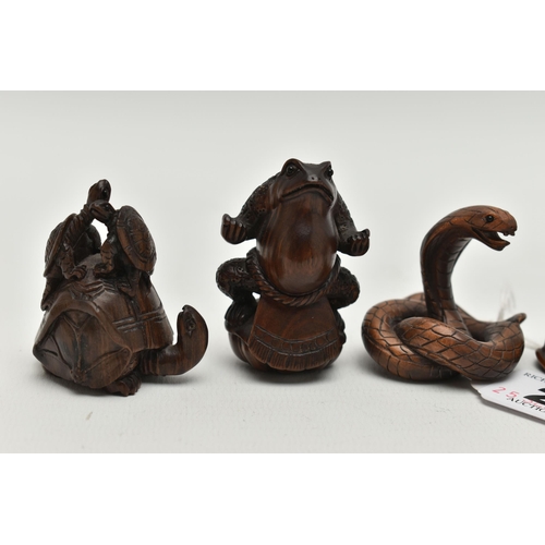 27 - FIVE 20TH CENTURY REPRODUCTION CARVED TREEN NETSUKE AND A SIMILAR COBRA OKIMONO, the netsuke compris... 