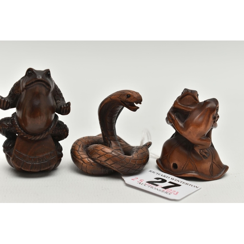 27 - FIVE 20TH CENTURY REPRODUCTION CARVED TREEN NETSUKE AND A SIMILAR COBRA OKIMONO, the netsuke compris... 