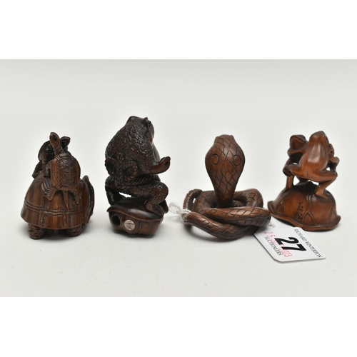 27 - FIVE 20TH CENTURY REPRODUCTION CARVED TREEN NETSUKE AND A SIMILAR COBRA OKIMONO, the netsuke compris... 