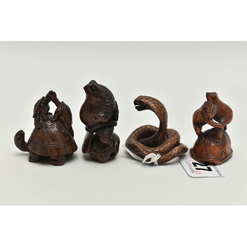 27 - FIVE 20TH CENTURY REPRODUCTION CARVED TREEN NETSUKE AND A SIMILAR COBRA OKIMONO, the netsuke compris... 