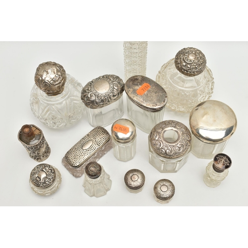 5 - A BOX OF ASSORTED SILVER LIDDED VANITY JARS, to include two round glass bottles, one with an embosse... 