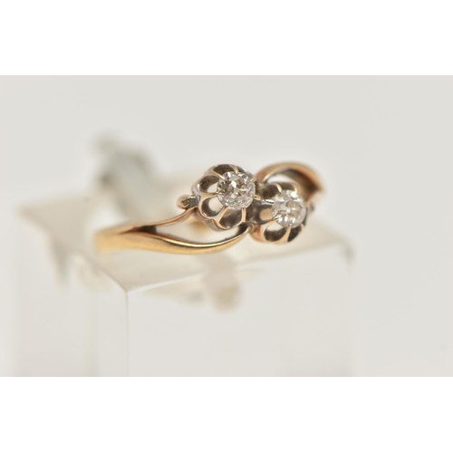 38 - A LATE 19TH CENTURY TWO STONE DIAMOND RING, two old cut diamonds in a belcher style prong setting, o... 