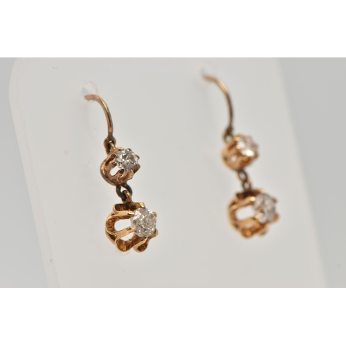 39 - A PAIR OF LATE 19TH CENTURY DIAMOND DROP EARRINGS, two old cut diamonds prong set in yellow metal, l... 