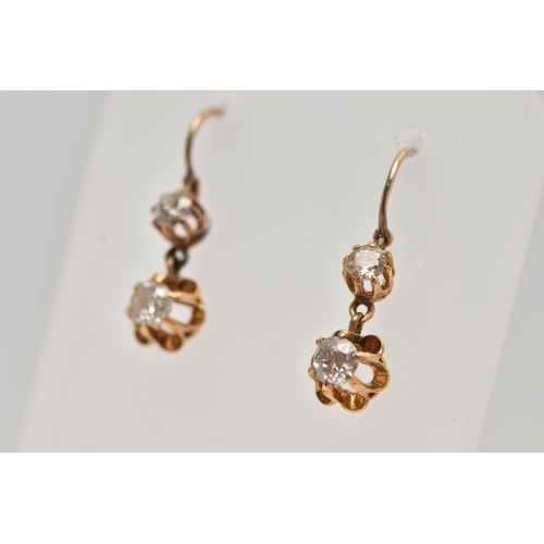 39 - A PAIR OF LATE 19TH CENTURY DIAMOND DROP EARRINGS, two old cut diamonds prong set in yellow metal, l... 