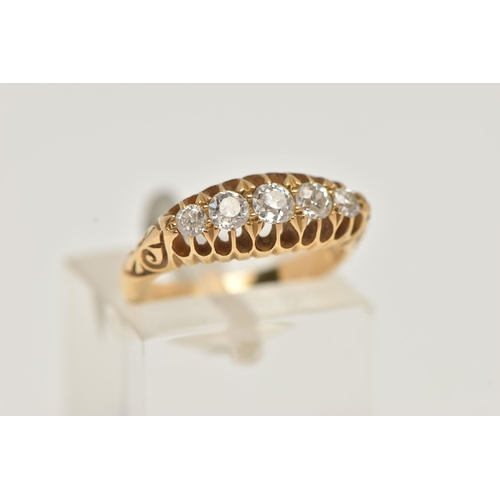 43 - A EARLY 20TH CENTURY FIVE STONE DIAMOND BOAT RING, five old cut diamonds, prong set in yellow metal,... 