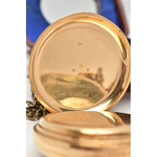 45 - A LATE 19TH CENTURY 18CT GOLD OPEN FACE POCKET WATCH, hand wound movement, Roman and Arabic numerals... 