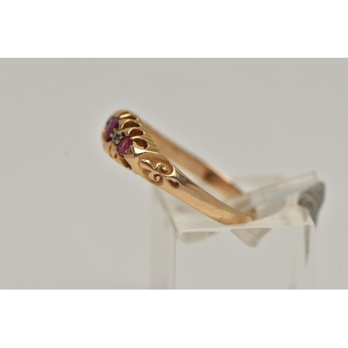 46 - AN EARLY 20TH CENTURY18CT GOLD, DIAMOND AND RUBY BOAT RING, set with a central oval cut ruby, with t... 