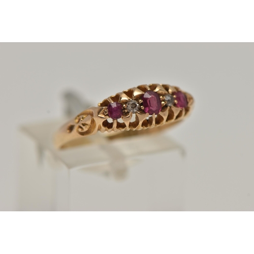 46 - AN EARLY 20TH CENTURY18CT GOLD, DIAMOND AND RUBY BOAT RING, set with a central oval cut ruby, with t... 