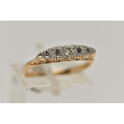 49 - A YELLOW METAL DIAMOND RING, set with five diamonds, one single cut and four rose cut diamonds, in a... 