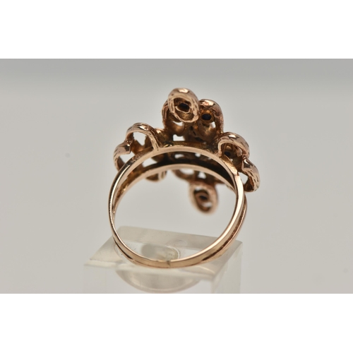 50 - A 9CT GOLD ABSTRACT RING, rose gold open work design, textured detail set with ten circular cut sapp... 