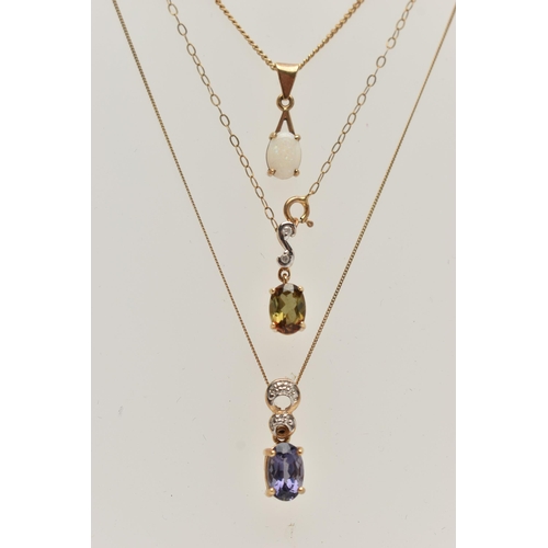 55 - THREE GEM SET PENDANTS, to include an opal pendant prong set in yellow gold, suspended from a fine c... 