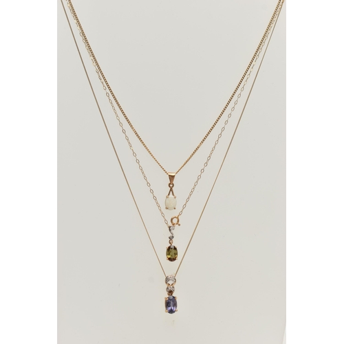 55 - THREE GEM SET PENDANTS, to include an opal pendant prong set in yellow gold, suspended from a fine c... 