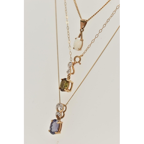 55 - THREE GEM SET PENDANTS, to include an opal pendant prong set in yellow gold, suspended from a fine c... 