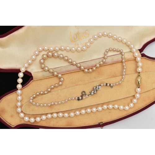 73 - A CULTURED PEARL NECKLACE AND AN IMITATION PEARL NECKLACE, the first a single row of individually kn... 