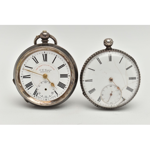 74 - TWO OPEN FACE POCKET WATCHES, the first an AF white metal, open face pocket watch, (missing glass fr... 