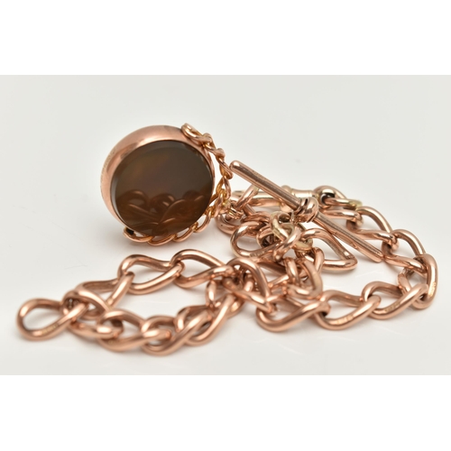 76 - AN EARLY 20TH CENTURY, 9CT ROSE GOLD SWIVEL FOB AND ALBERT CHAIN, swivel circular fob set with carne... 