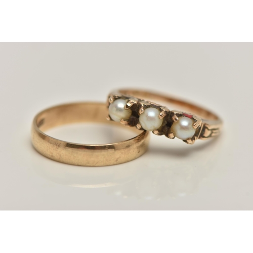 78 - A 9CT GOLD BAND RING AND A YELLOW METAL SEED PEARL RING, polished band, hallmarked 9ct London, ring ... 